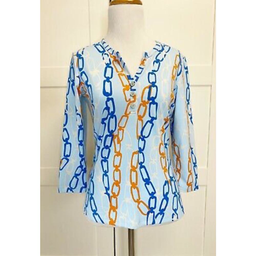 J. Mclaughlin Blue Orange Chain Link Henley Top Button Front S Medium 3/4 Sleeve